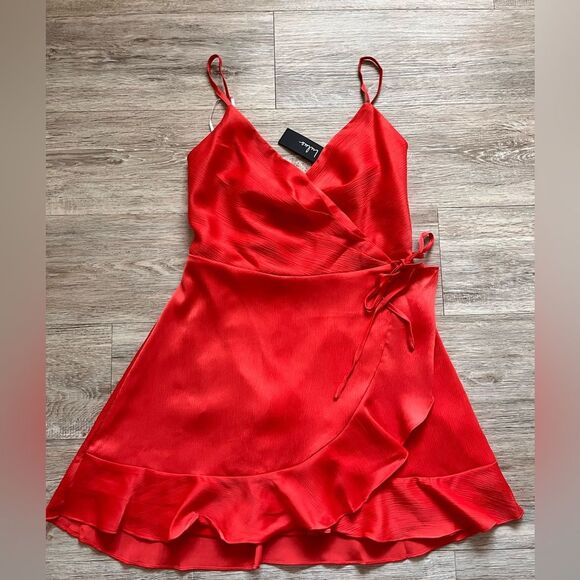 Lulus Satin Wrap Mini Dress Ruffled Hem Red Bodice Cocktail Party - Picture 3 of 10